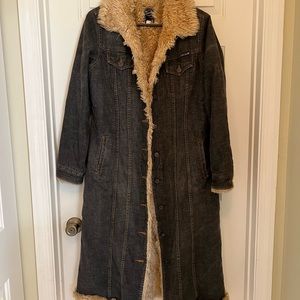 Lucky Brand Long Faux Fur Lined Denim Coat
